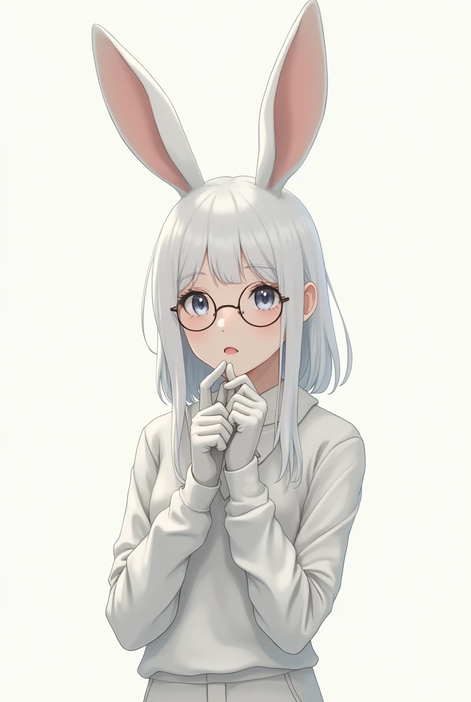 She is a girl, her hair is white, her skin color is albino and her shirt with sleeves is white, she wears long white rabbit ears on her head and on her face she wears glasses, she wears long white pants and long white gloves and she is anime