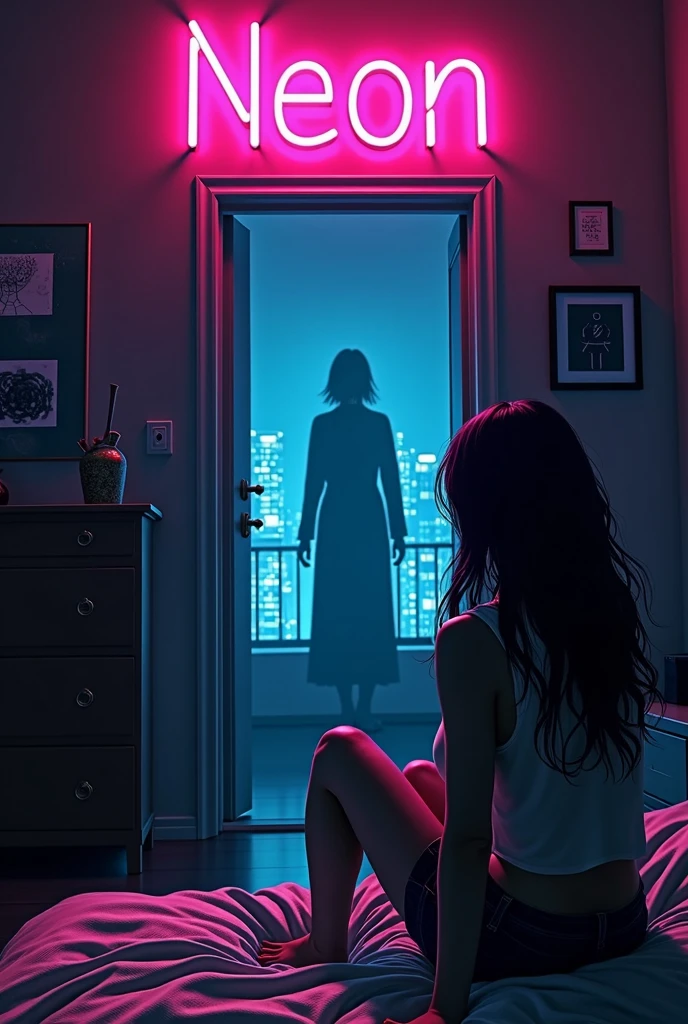 I want to draw the cover art for the new song of my band.
The song is call "NEON" and this is the idea for our the cover art:
"In the dark of the night a girl is sitting in her room and she can see in the other side of the apartment a strange silhouette that she can not understand if this is a real woman or a ghost.
In the wall of the room there is a big neon sign with the word "neon" and the ogo of the band".

The palette should be dark (primarily) and neon colours and all should be in style of golden age comic book.