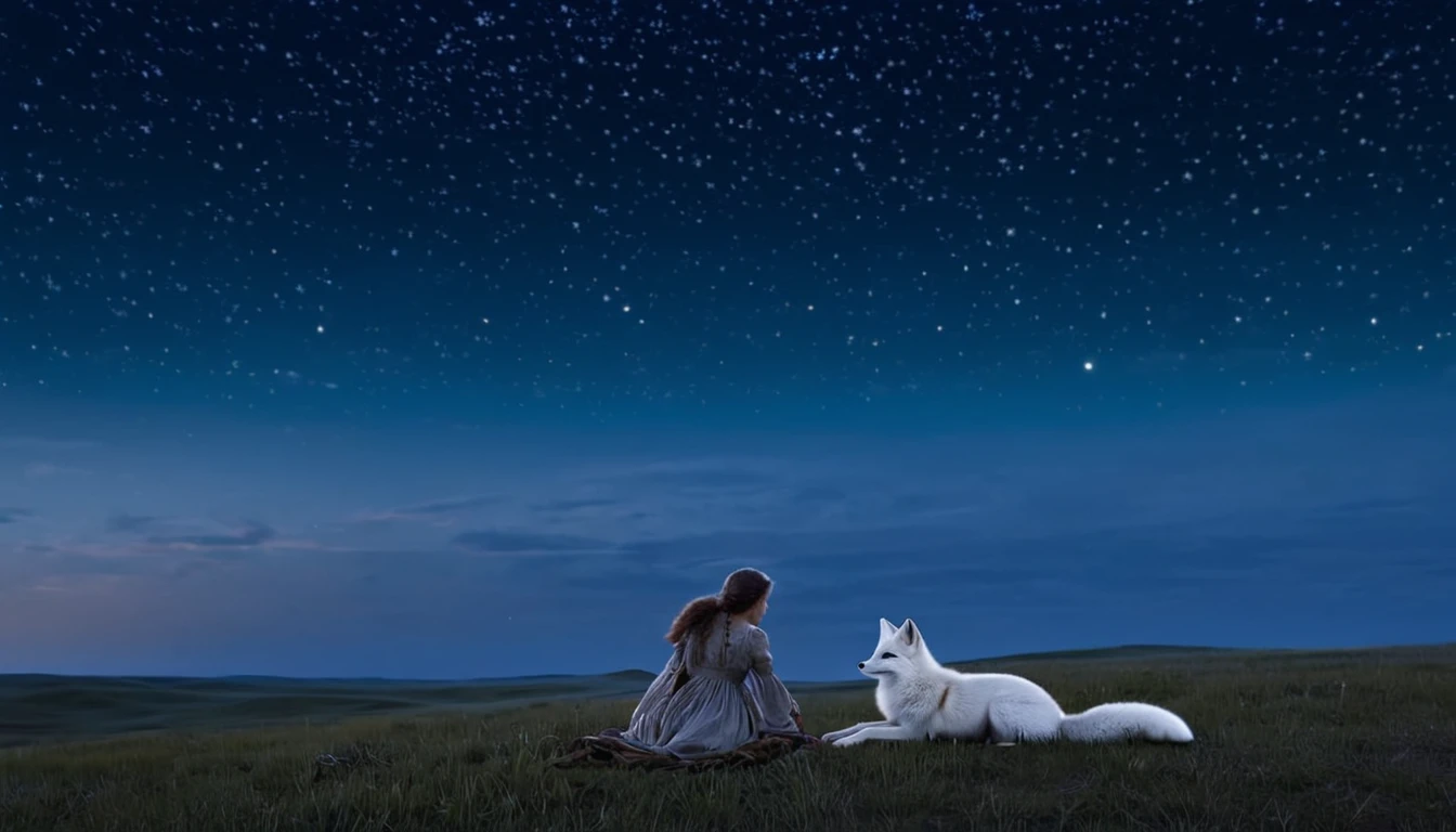 high quality ,masterpiece,4K,a serene night on the prairie under a sky full of stars, featuring a white fox, evoking a sense of romance and healing, with a 9:16 vertical screen aspect ratio for mobile devices.