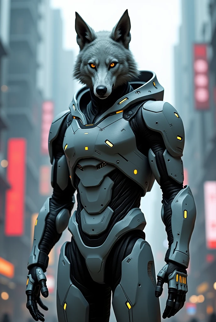 (photorealism:1.2), A grey wolf men with grey robocop costume in cyberpunk

