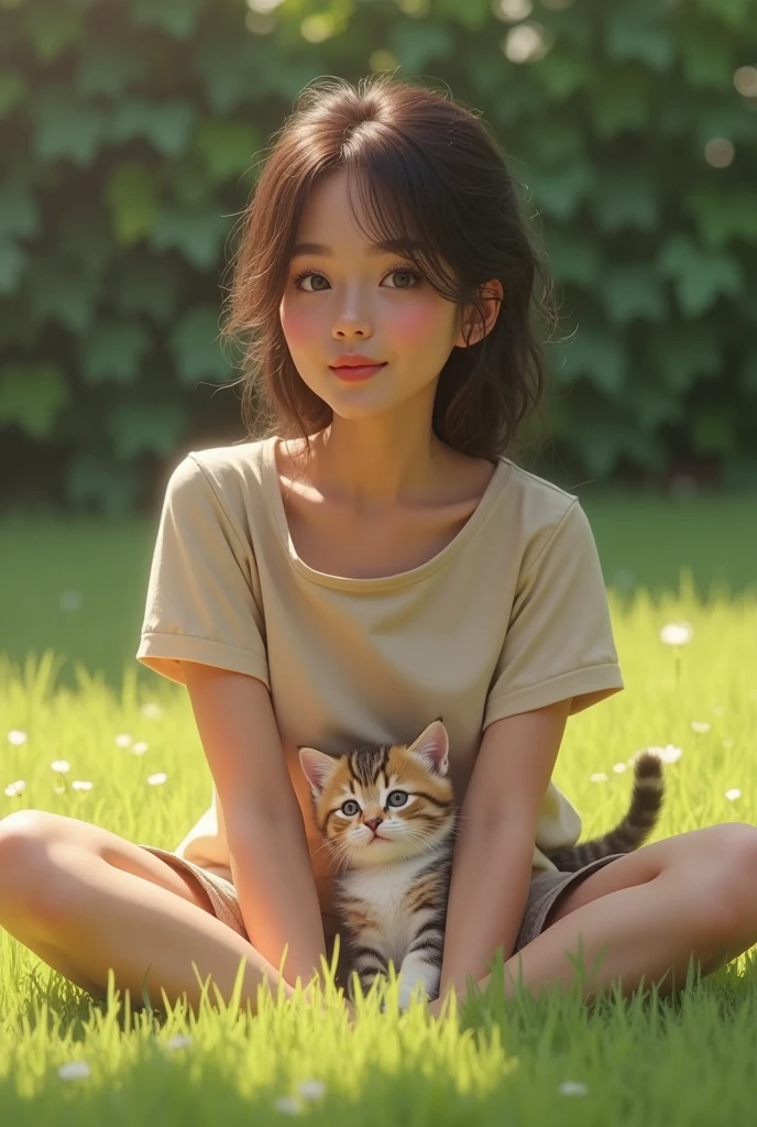 woman wearing beige cotton t-shirt sitting on lawn, There is a kitten next to the woman