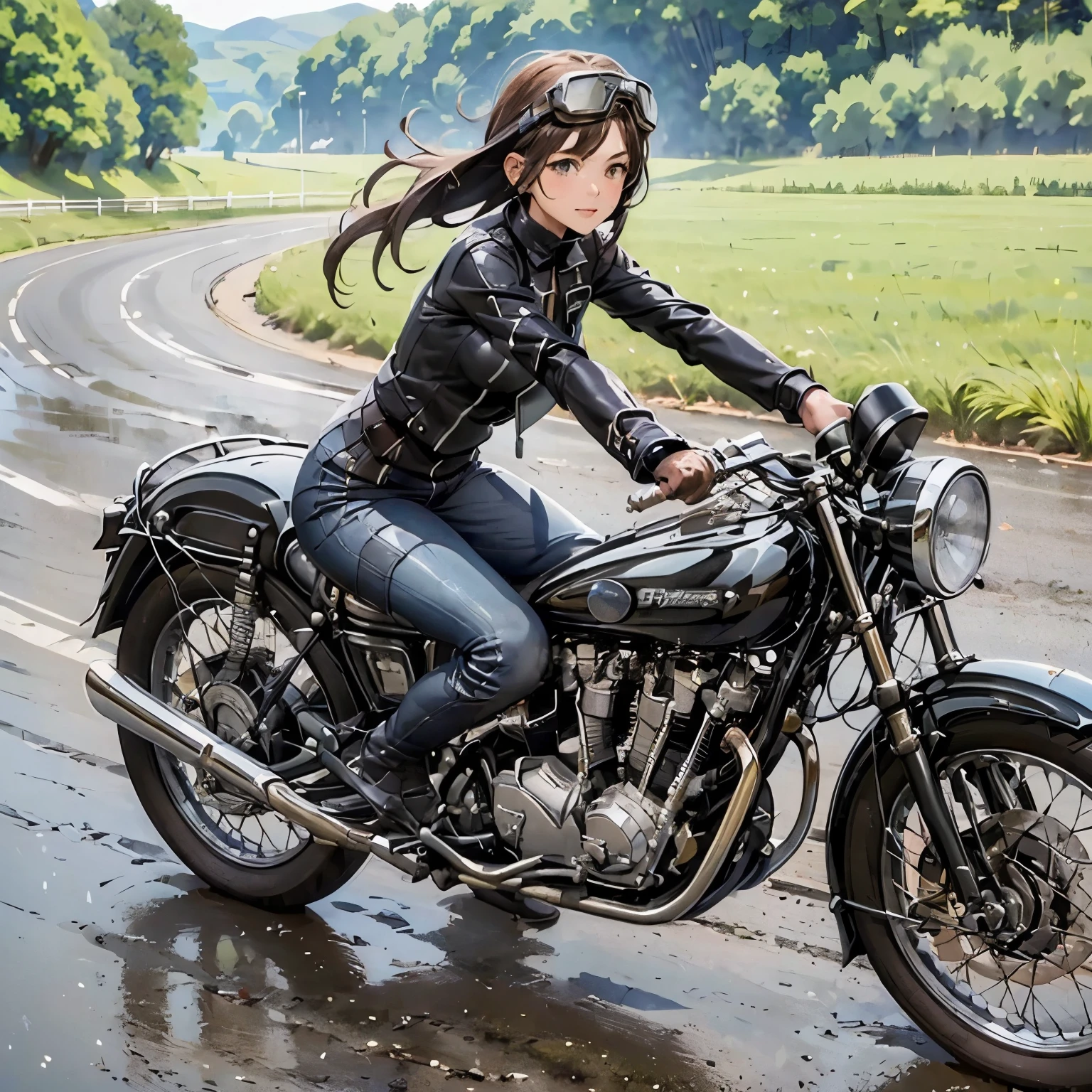 (A young female rider speeds along on a motorcycle)、(Leaning forward:1.2)、Vintage Bikes、Bluff Superior SS100、Isle of Man Races、Leather jumper、Cromwell helmet with goggles、After the Rain、English countryside、(Highest quality, masterpiece, High resolution)、8k、wallpaper