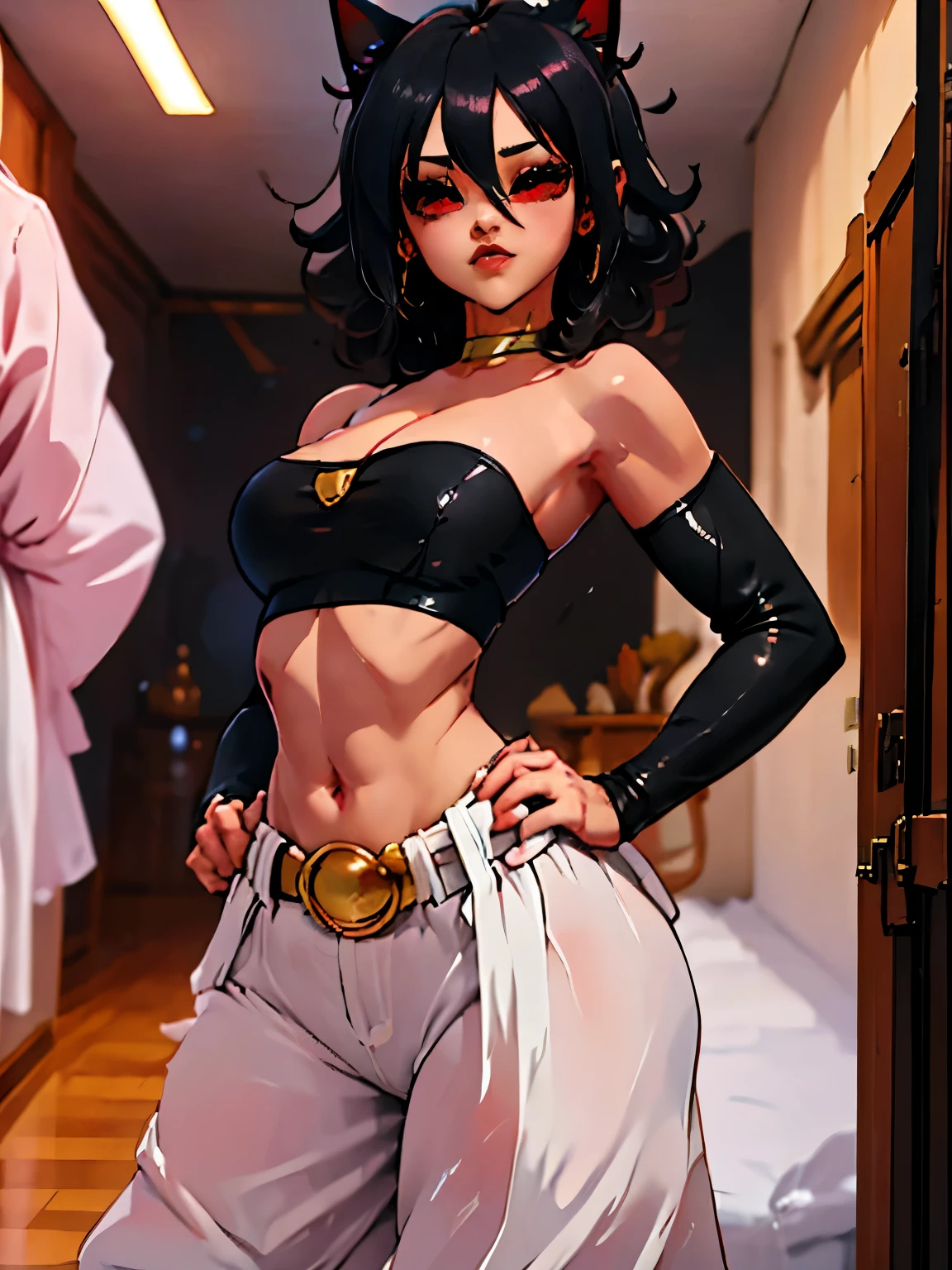 (junkotvv cabello negro orejas de gato, ojos rojos), Masterpiece, best quality, Highres, absurdres,ultra HD,BREAK,1girl,majin boo ,android21, anime of dragon Ball character, ((pink body)), sexy figure, happy, ((looking at viewer)), indoor,baggypants,belt,black tube top,midriff,cleavage,bare shoulders, standing, upper body, cowboy shot,sexy pose,game consoles in background, ((cat ears)), ((red eyes))