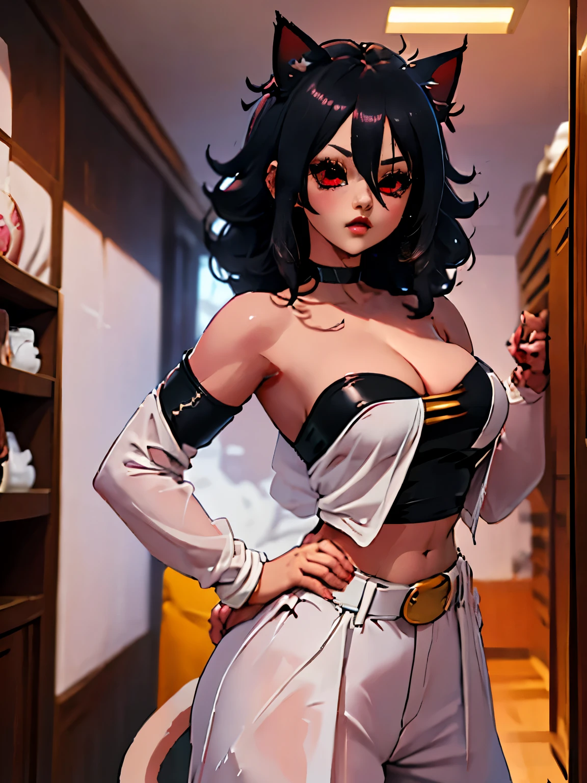 (junkotvv cabello negro orejas de gato, ojos rojos), Masterpiece, best quality, Highres, absurdres,ultra HD,BREAK,1girl,majin boo ,android21, anime of dragon Ball character, ((pink body)), sexy figure, happy, ((looking at viewer)), indoor,baggypants,belt,black tube top,midriff,cleavage,bare shoulders, standing, upper body, cowboy shot,sexy pose,game consoles in background, ((cat ears)), ((red eyes))