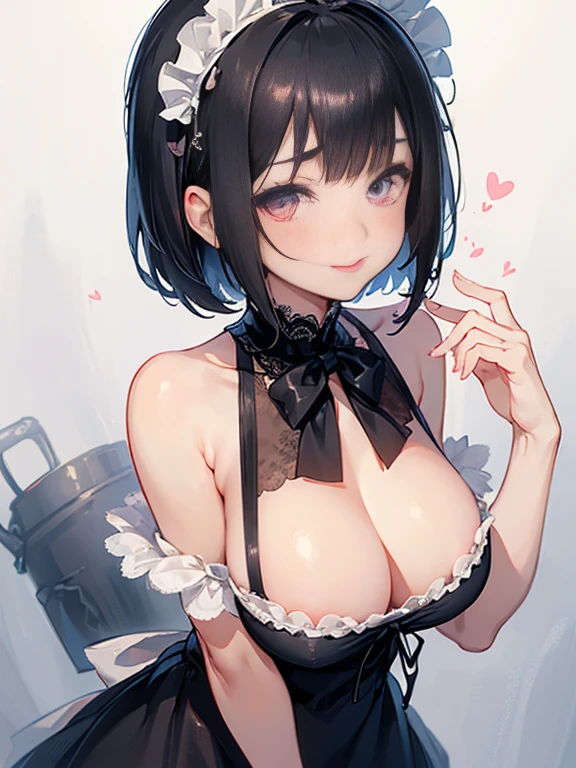 1 Female、Black short hair、Short Bob、Long Bangs、Maid-inspired swimsuit、Chiffon and lace、raffle shoulder, Big fluffy ribbon、Headdress、Apron-like front、detailed face,big heart eyes, thin eyebrows, moist lips,  kissing lips, perfect proportion, smiling full of compassion, close up shot, blushed