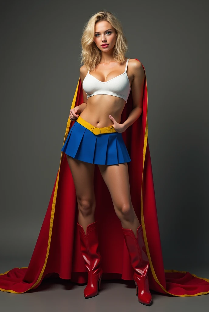 full view of A EXTRA LARGE BUSTY BREASTS. SEXY YOUNG BUSTY FEMALE WITH DARK BLUE EYES AND MEDIUM MESSY GOLDEN BLONDE HAIR WEARING A CLASSIC WHITE SUPERGIRL LONG SLEEVED CROP TOP COSTUME, A SHORT BLUE PLEATED SKIRT WITH A YELLOW SUPERGIRL BELT, RED HIGH HEELED SUPERGIRL BOOTS, AND SHORT RED SUPERGIRL CAPE WITH YELLOW TRIM. , incredibly detailed skin and eyes, seductive poses, 8K resolution, masterpiece, ultra-detailed, realistic, photo-realistic, vivid colors, dramatic lighting,