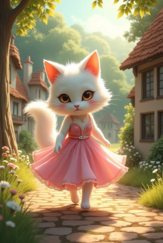 In a quaint little village, nestled amidst rolling hills and whispering forests, there was a white cat named Lily. From afar, you could see her gliding down the cobblestone path, her fur as pure and white as freshly fallen snow, almost glowing in the sunlight. But what truly caught your eye was the dress she wore—a delicate pink gown that shimmered like a dream, catching the light with every graceful step she took.As you followed Lily through the village, you noticed the way her dress swayed gently with her movements, a trail of glittering gemstones sparkling as she walked. It was as if she were part of the sunlit scenery, a beautiful creature that belonged perfectly in this idyllic setting.Lily seemed to be heading somewhere special, and curiosity led you to follow her. Soon, she reached the edge of the forest, where she paused, her blue eyes scanning the trees as if looking for someone. From the shadows of the woods, her friends appeared one by one—a fluffy bunny with long ears and a sweet smile, a wise old owl with knowing eyes, and a playful puppy with a wagging tail that never seemed to stop. They greeted Lily warmly, and you could hear their laughter ringing through the air as they made their way to a small clearing in the heart of the forest. This spot was like a hidden paradise, where the trees formed a protective canopy overhead, and the ground was soft with green grass. A gentle brook flowed nearby, its waters glinting in the afternoon sun..They greeted Lily warmly, and you could hear their laughter ringing through the air as they made their way to a small clearing in the heart of the forest. This spot was like a hidden paradise, where the trees formed a protective canopy overhead, and the ground was soft with green grass. A gentle brook flowed nearby, its waters glinting in the afternoon sun.You watched as Lily spread out a checkered blanket, her pink dress fanning out around her like a delicate flower. Her friends settled in beside her, each bringing som