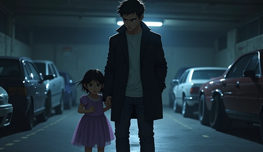 A 2 handsome Indian boy wearing black jeans and over coat has kept a girl under his protection. The girl is 2 and is wearing a purple frock. She is scared and this boy is scaring her in a dark area in the car parking.