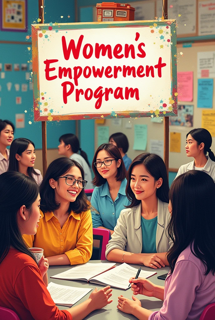 Asian Collage youth students attending program of women empowerment program where women empowerment program is written in hoading board