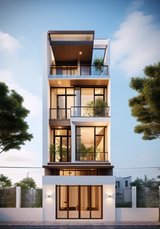 Perspective of a modern house with a large enough front yard, main materials are light yellow walls, stone and wood, a road running in front of the house, (RAW photo, real, best quality, masterpiece: 1.2), current view modern minimalist, 1 street in front of house, shime ring light, indoor brightness:1.2, dynamic lighting:1.3, (hyper-realistic, photo-realistic:1.2), high quality, daylight, contrast high:0.5 perfect light, Archdaily, contemporary masterpiece award, award winning contemporary, beautifully designed masterpiece, spacious modern mansion, modern neo-traditional, wide angle exterior 2022 , mid-century modern, contemporary home, stylish modern feel, long front view, award-winning modern design, stunning lines, residential, exquisite details, indoors gently:1.3