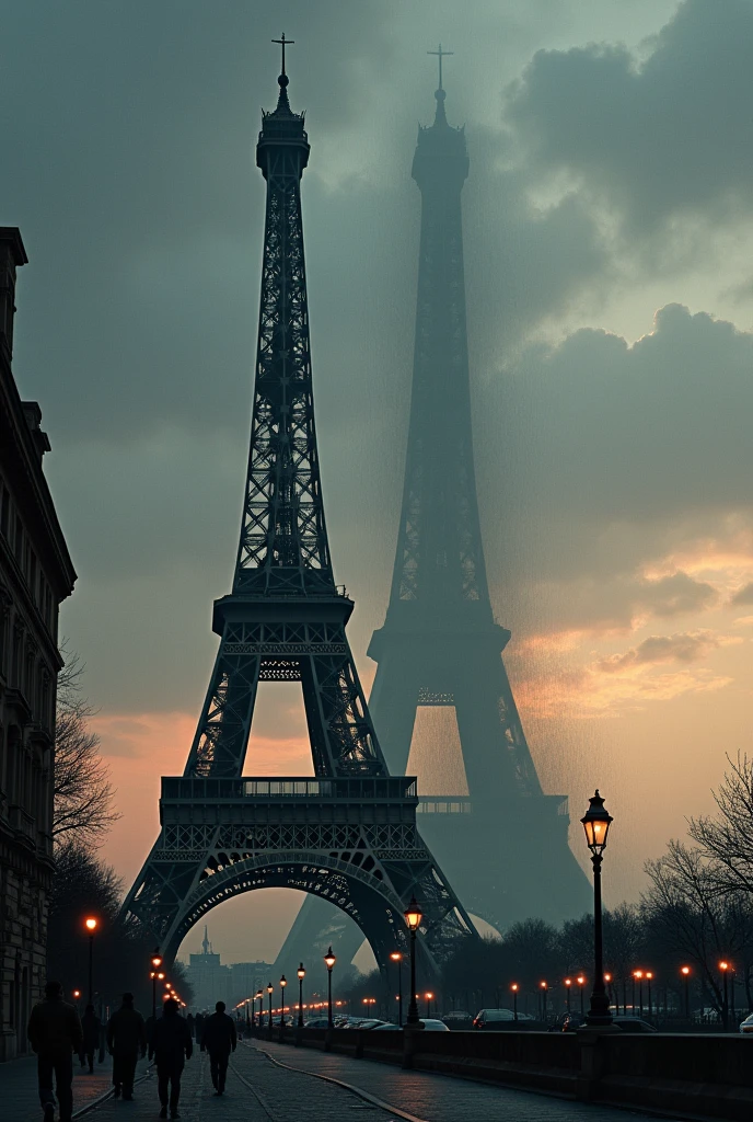 "Create an image of the Eiffel Tower with a dramatic, historical atmosphere. Show the Eiffel Tower prominently in the foreground, but add a ghostly, semi-transparent replica of a second, incomplete or crude version of the Eiffel Tower in the background, slightly faded. The setting should be dusk or early evening, with the sky tinged in muted colors, giving a mysterious and somewhat eerie mood. The surrounding cityscape should be dimly lit, with a subtle hint of old Paris architecture. Make the image evoke curiosity and a sense of hidden history."