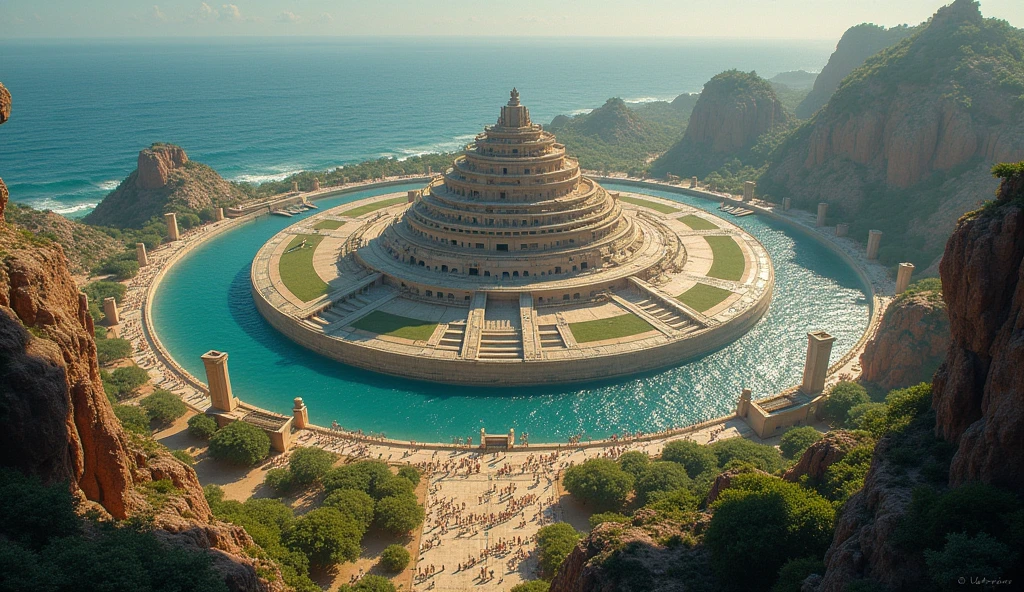 Concentric rings'More than just a visual marvel, but、It is also a practical solution for the defense and supply of the city.. They defended the central city from invaders.、Allowing seawater to circulate freely, Create a natural harbor for the Atlantean naval fleet, Who was the most powerful man of her time?.
The city of Atlantis、It was filled with natural and man-made wealth.. The fertile soil produced a bountiful harvest, on the other hand、Surrounding mountains々provided an abundance of precious metals. Atlantis was technologically advanced, Along with aqueducts that carry fresh water from the mountains to fields and cities, In addition to a complex network of paved roads、Facilitated trade and travel.
The Atlantean residences were impressive., Palaces and houses are built in different styles., All are decorated with the finest art and design of the time.. Public buildings and common areas, Like a gym, Theatres and markets, It showed the rich and diverse culture of Atlantis, A place of philosophy, Arts and sciences flourished.
Imagine a street full of life, Merchants sold exotic goods from all over the known world., Artisans create intricate works of art、Citizens participated in philosophical debates in the public square.. Atlantean society was structured、Orderly, Ruled by just and wise kings, Direct descendant of Poseidon. The ten kings who ruled the island were、To deliberate on state and judicial matters.、They met regularly at the central temple., Maintaining harmony and balance in the country.
meanwhile, This golden age of peace and prosperity'Lasts forever. Atlanteans, Once just and virtuous, succumbed to corruption and greed, Disregarding the divine laws that sustained them. Plato、He said this moral decline was the prelude to his downfall., Climax of the natural disaster that engulfed the island, Leaving only memories and myths、men and women
