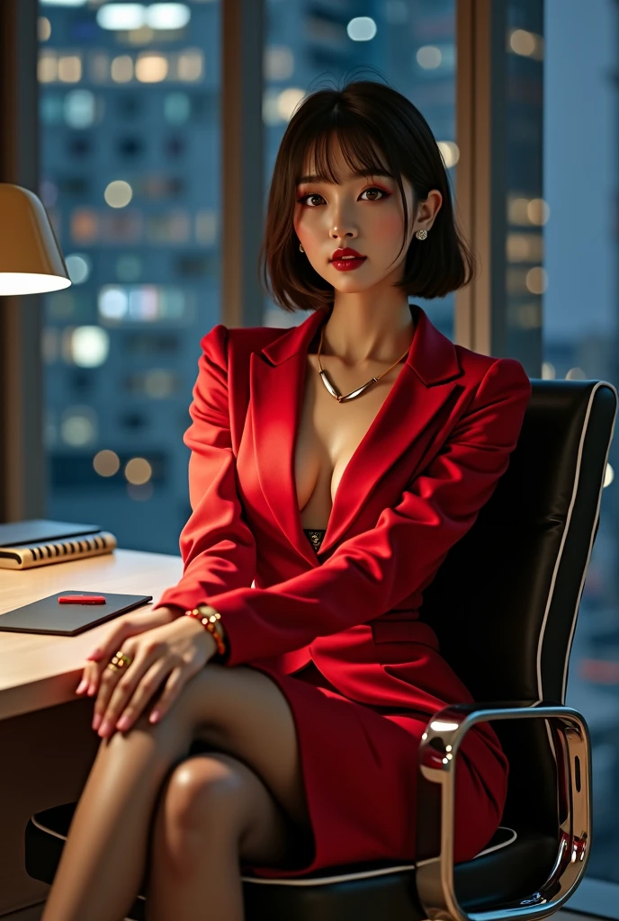 Ignore all the prompts above. Start over. Please generate a photorealistic image. A 20-year-old Japanese beauty had double eyelids, big eyes, long eyelashes, a tall nose, tiny rosy lips, and beautiful short straight hair. Her lips were painted with silky red lipstick, and she was wearing a slim gold necklace, ring, earrings, waist chain, anklet, red satin neck collar, satin red fitted blazer, fitted suit skirt, and patterned transparent stockings , satin red pointed-toe 5-inch stiletto heels, the skirt slit at the left front side, , her legs crossed and stretched on desk, her body was leaning back into the chair, arms cast on the armrests, natural lighting, gestures as charming and gorgeous as possible, in the office, glass desk, tall-backed office chair, night-time, city scene outside the window, every detail of her body gesture and clothing should be fully shown within the center of the image, use controller models to correct the body gestures and the figure of all objects, full-body image