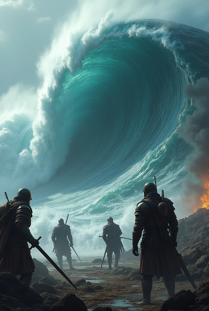 A giant wave caused of eart quake on sunda strait 1.3, Full Body Center Shot, Realistic, Photorealistic, 8k, Hyper Detailed, Intricate, Ornate, Masterpiece, Dramatic Lighting, Cinematic, Epic, Gritty, Moody, Chiaroscuro, Dark, Gloomy, Ominous, Medieval Soldiers, Armor, Weapons, War, Battle, Explosion, Fire, Smoke, Destruction, Weathered, Aged, Ancient, (Bemake a hyper realistic illustration of the megatrust earthquake disaster which resulted in a tsunami as high as 10 meter. Quality, 4k, 8k, High Res, Masterpiece:1.2), Ultra Detailed, (Realistic, Photorealistic, Photorealistic:1.37), HDR, UHD, Studio Lighting, Ultra Fine Painting, Sharp Focus, Physically Based Rendering, Extreme Detail Description, Professional, Vivid Colors, Bokeh