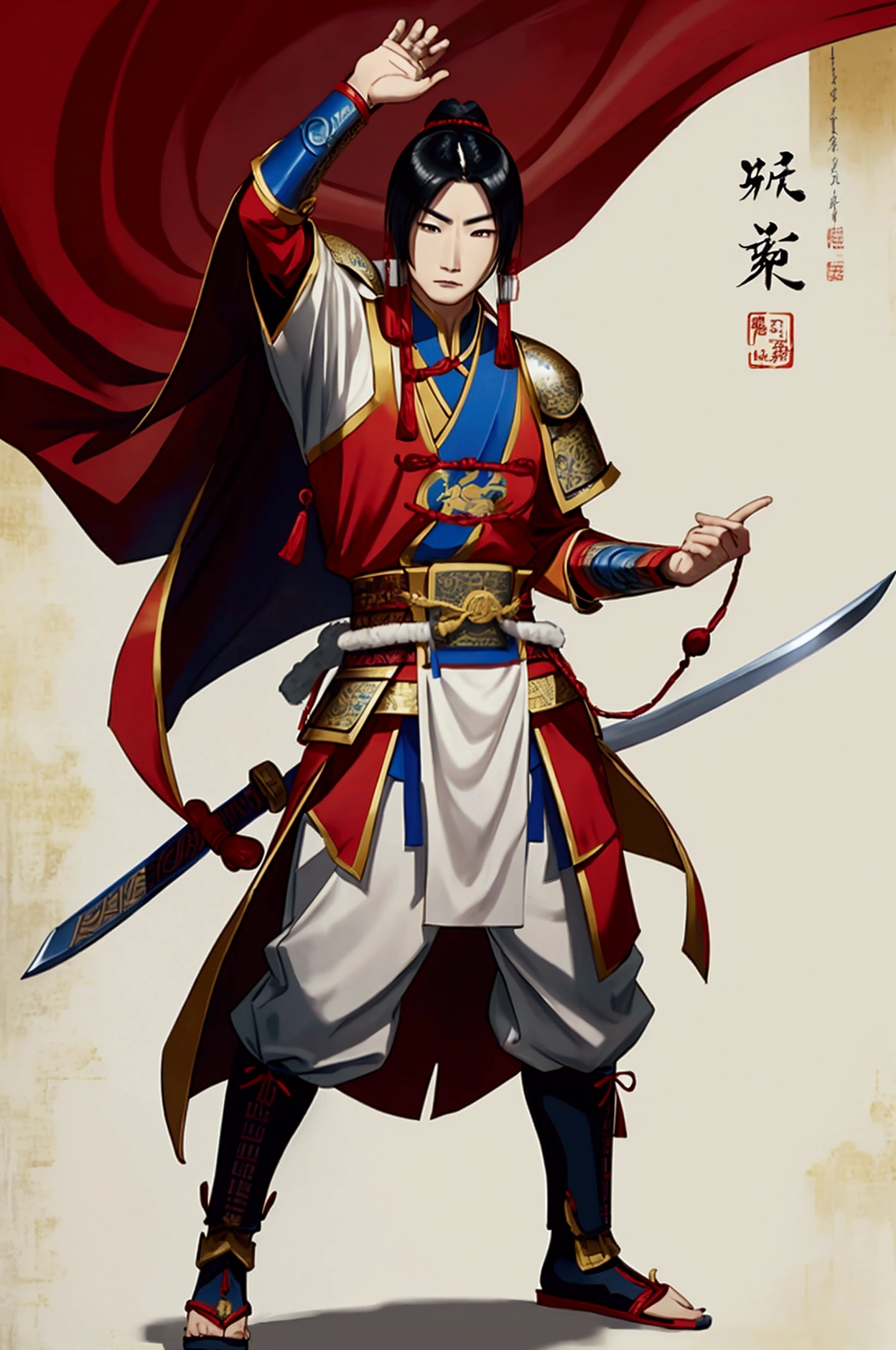 Cao Cao,man,Wearing Chinese warrior costume,holding a sword,stand,Put on Chinese warrior shoes