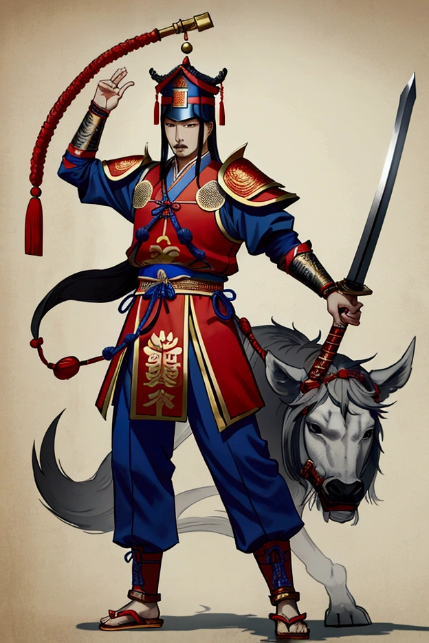 Cao Cao,man,Wearing Chinese warrior costume,holding a sword,stand,Put on Chinese warrior shoes