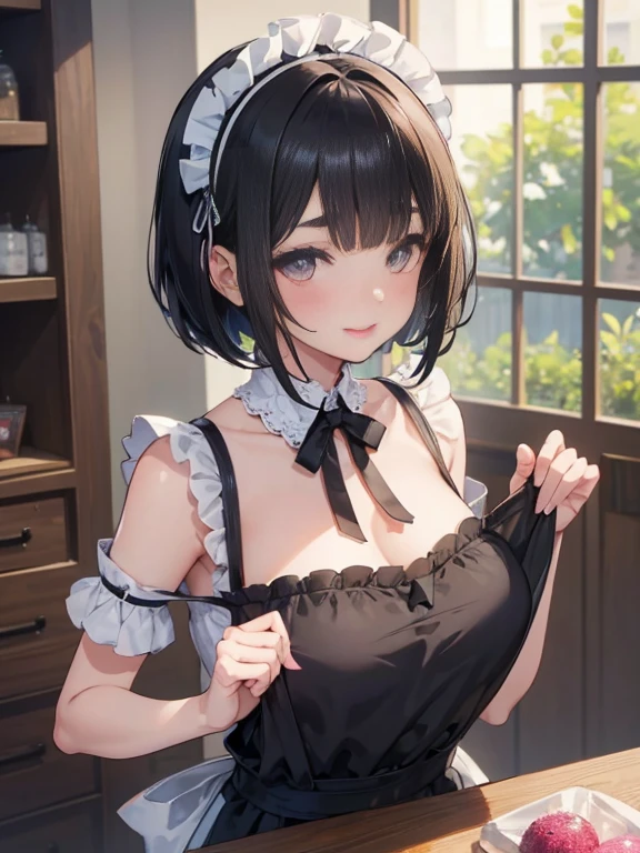 1 Female、Black short hair、Short Bob、Long Bangs、Maid-inspired swimsuit、Chiffon and lace、raffle shoulder, Big fluffy ribbon、Headdress、Apron-like front、detailed face,big heart eyes, thin eyebrows, moist lips, kissing lips, perfect proportion, smiling full of compassion, close up shot, blushed