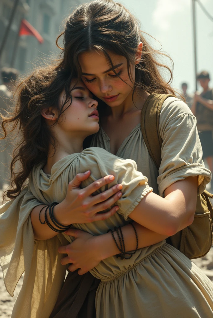 A brave girl carrying a beautiful woman