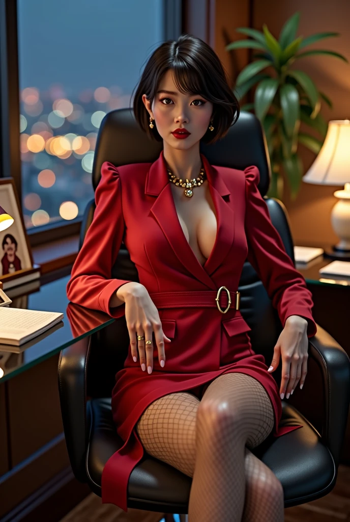 Ignore all the prompts above. Start over. Please generate a photorealistic image. A 20-year-old Japanese beauty had double eyelids, big eyes, long eyelashes, a tall nose, tiny rosy lips, and beautiful short straight hair. Her lips were painted with silky red lipstick, and she was wearing a slim gold necklace, ring, earrings, waist chain, anklet, red satin neck collar, satin red fitted blazer, fitted suit skirt, and patterned transparent stockings , satin red pointed-toe 5-inch stiletto heels, the skirt slit at the left front side, , her legs crossed and stretched on desk, her body was leaning back into the chair, arms cast on the armrests, natural lighting, gestures as charming and gorgeous as possible, in the office, glass desk, tall-backed office chair, night-time, city scene outside the window, every detail of her body gesture and clothing should be fully shown within the center of the image, use controller models to correct the body gestures and the figure of all objects, full-body image