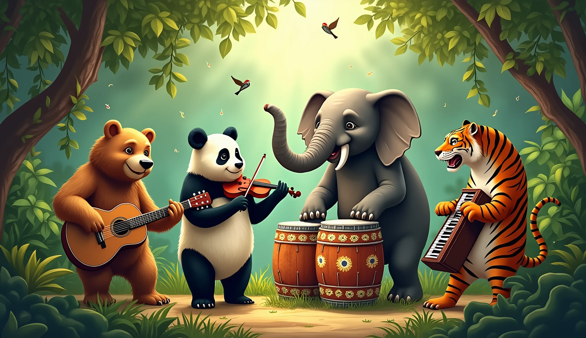 Enter the wild world of music with a jungle band like no other. See a bear strumming his guitar, a panda bowing his violin, an elephant pounding on his drum, and a tiger playing a harmonium with fierce passion