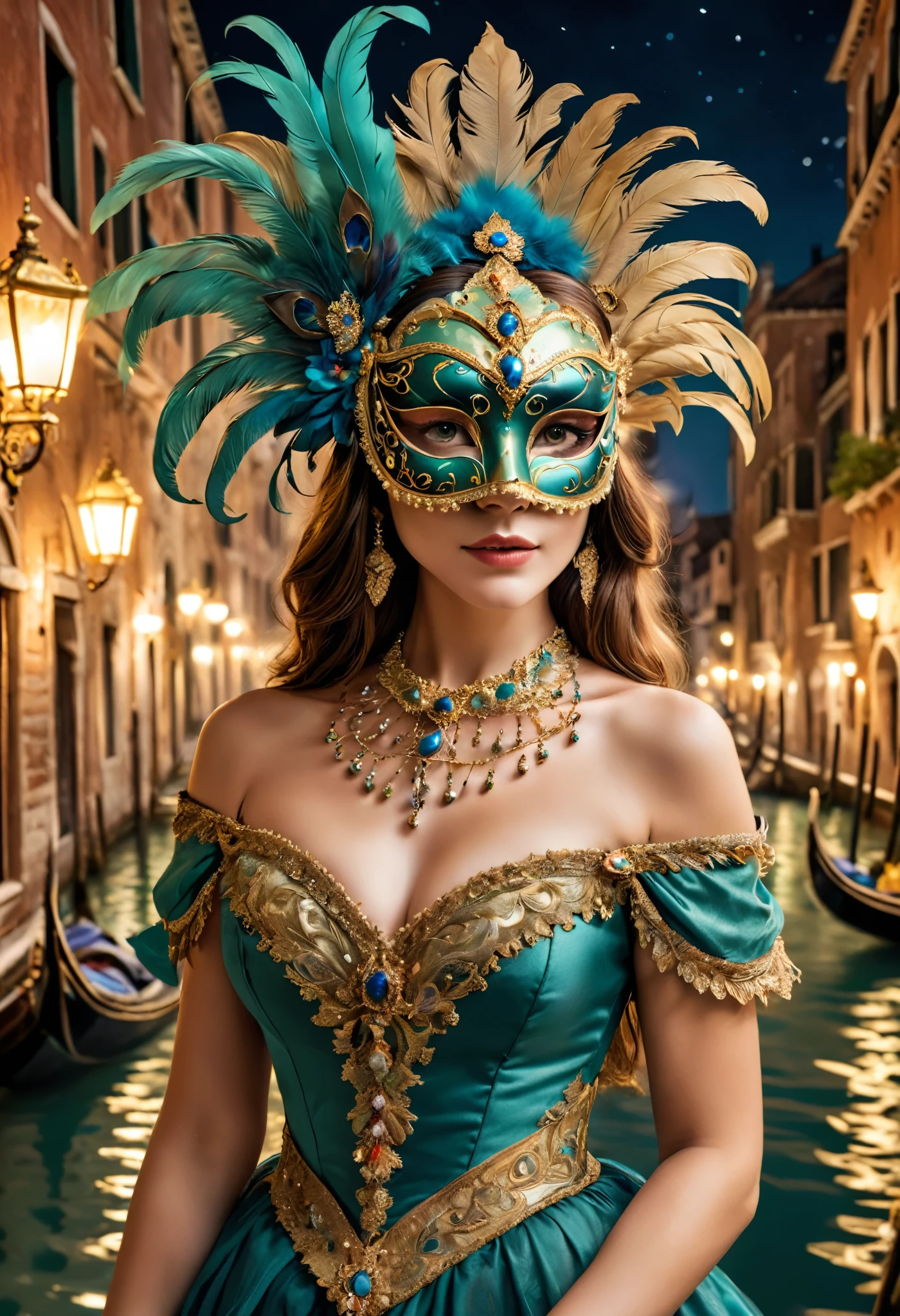 (a girl wearing a traditional Venetian mask),(best quality,highres),detailed face,beautifully decorated mask,colorful feathers,fine craftsmanship,ornate patterns,sparkling jewels,mysterious ambiance,artistic portrayal,soft lighting,vibrant colors,venetian carnival,classic beauty,traditional costume,luxurious fabric,elaborate headpiece,masquerade ball,lively atmosphere,graceful posture,lots of movement,celebration and excitement,historical setting,romantic canals,reflection in the water,gondolas passing by,elegant architecture,moonlit night,enchanted feeling,mask worn by aristocrats,whispered secrets,mystical allure,unique and captivating imagery.