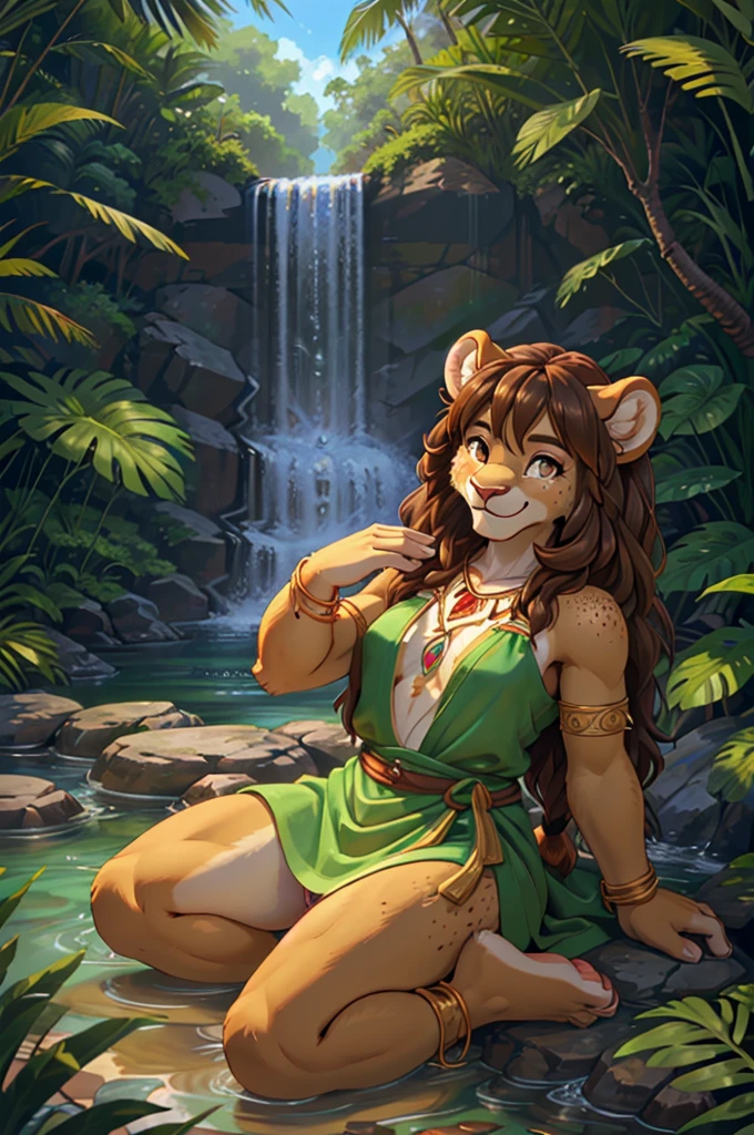 masterpiece, Highest quality, Highest quality, Very detailed, 8k, Ultra-high resolution, Absurd, Perfect ???????, dynamic_angle, ((Very detailed beautiful face and eyes)), Focus Only, (Furry female anthropomorphism), (Adult), (((Shaggy brown lion body))), (Fine brown hair), Light brown eyes, Black dreadlocks hair, ((Shoulder-length hairstyle)), (Happy, Joyful), (Hourglass Shape, Medium chest), (View your viewers, Freckles on the face), average length, ((Jade-green tribal tunic inspired by Polynesian culture)), Feather ornament, bracelet, jewelry, ((Tropical Background, waterfall, lake)), Lush greenery and plants, Clear sky，Detailed body, Barefoot hairy character ,One person,Person sitting barefoot in the snow, Nice legs, Soles and pads,Smiling Vagina Outdoors,nature