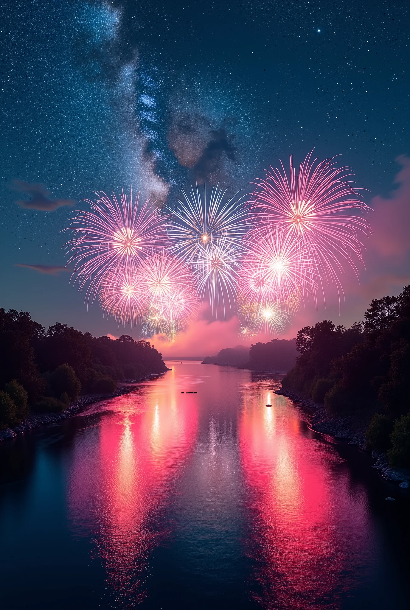 Milky Way and fireworks and fireworks moving on the river