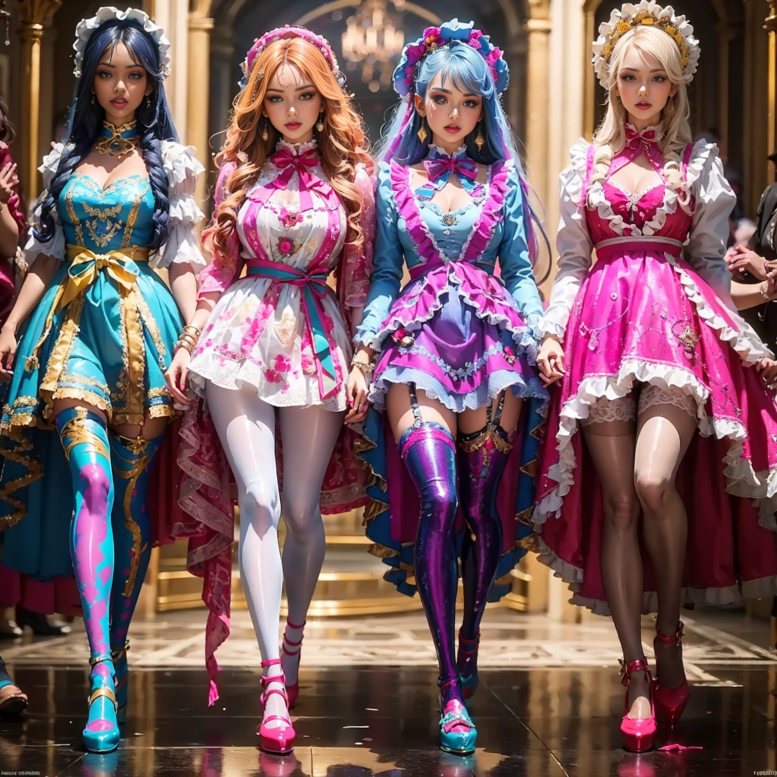 (full body shot:1.5), Movie poster composition, (on a snowy mountain), Miserable white skin, Ambilight, Nine-head body, Group photo, ((multicolored))，Three or more girls，Model figure, long-legged woman, A woman in a luxurious and elaborate lolita dress, wearing lolita mary jane shoes with ornate details, patterned tights, (Glossy Reflecting collection), (Glossy Reflecting collection), (Oily shiny)), (Metallic clothes), (Metallic dress), (Metallic tights):1.2)，, Postures vary, with reflective skin and reflective clothing, venusbody,Large movement amplitude,  ray tracing, reflection light, chiaroscuro, UHD, masterpiece, anatomically correct, textured skin, super detail, high quality, 4K, highres