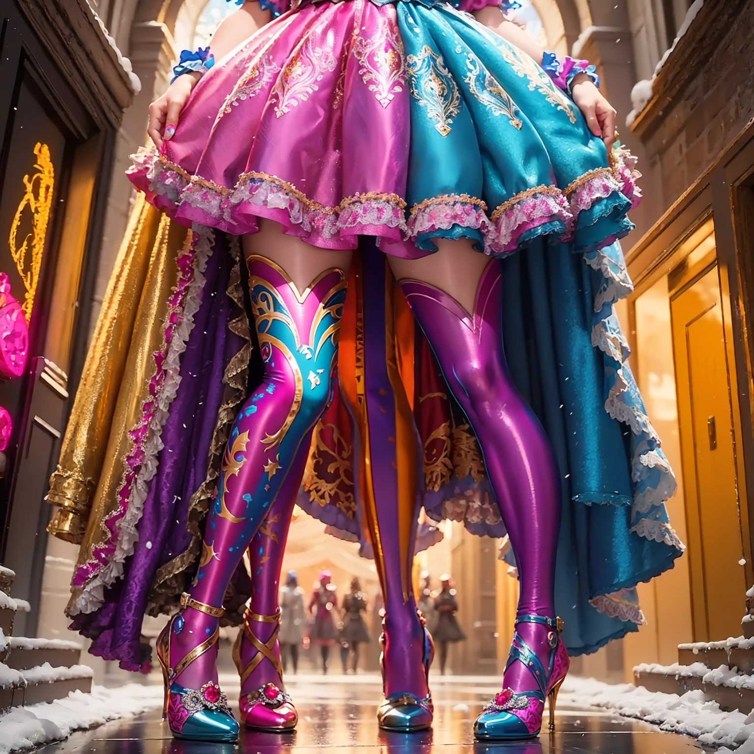 (full body shot:1.5), Movie poster composition, (on a snowy mountain), Miserable white skin, Ambilight, Nine-head body, Group photo, ((multicolored))，Three or more girls，Model figure, long-legged woman, A woman in a luxurious and elaborate lolita dress, wearing lolita mary jane shoes with ornate details, patterned tights, (Glossy Reflecting collection), (Glossy Reflecting collection), (Oily shiny)), (Metallic clothes), (Metallic dress), (Metallic tights):1.2)，, Postures vary, with reflective skin and reflective clothing, venusbody,Large movement amplitude,  ray tracing, reflection light, chiaroscuro, UHD, masterpiece, anatomically correct, textured skin, super detail, high quality, 4K, highres