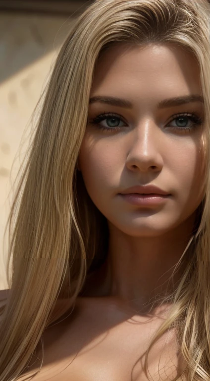 Hyperrealistic close-up photo by Emily Sears,realistic hands, masterpiece, Create dystopian masterpieces. in a kino, naked, nude, no pubic hair, no clothes, beautiful woman, straight blonde hair, detailed face, photo taken from a distance, Age of 20 years,