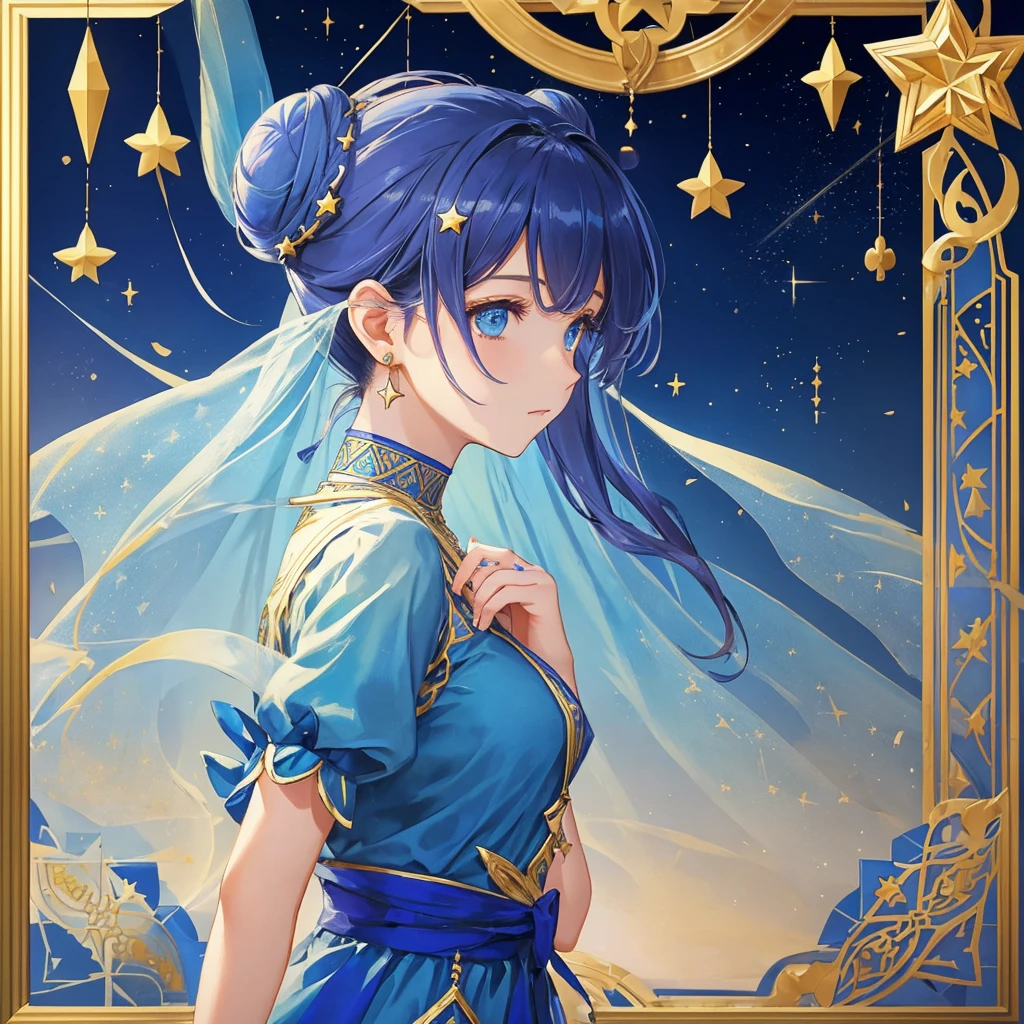 1 girl, (masterpiece, highest quality, highest quality, beautiful and aesthetic: 1.2), (1 girl: 1.3), lots jewelry, delicate arabic style clothing, square picture frame, ((face)), cool face, Traditional Arab blue dress, color hairstyle, Ultra-detailed, Soft Light, Gentle colors, solo, dynamic, (((geometric star patterns in the background))), profile,低めのポニーテール, bun hair, upper body
