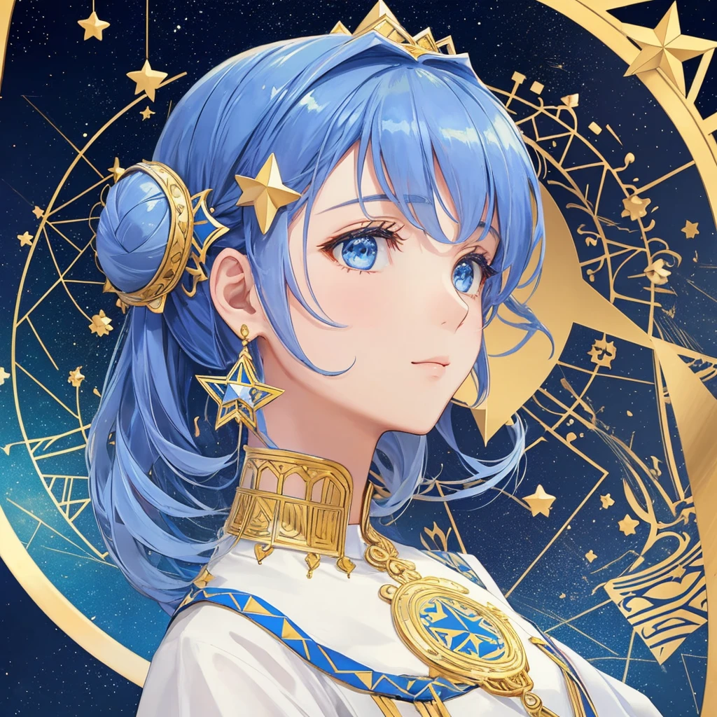 1 girl, (masterpiece, highest quality, highest quality, beautiful and aesthetic: 1.2), (1 girl: 1.3), lots jewelry, delicate arabic style clothing, square picture frame, ((face)), cool face, Traditional Arab blue dress, color hairstyle, Ultra-detailed, Soft Light, Gentle colors, solo, dynamic, (((geometric star patterns in the background))), profile,低めのポニーテール, bun hair, upper body