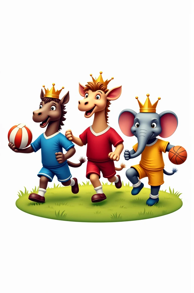 Logo of three animals with crown playing in a field with green grass, a horse in a blue uniform and a volleyball, a camel in a red uniform with a soccer ball and an elephant in a yellow basketball uniform. Using white background