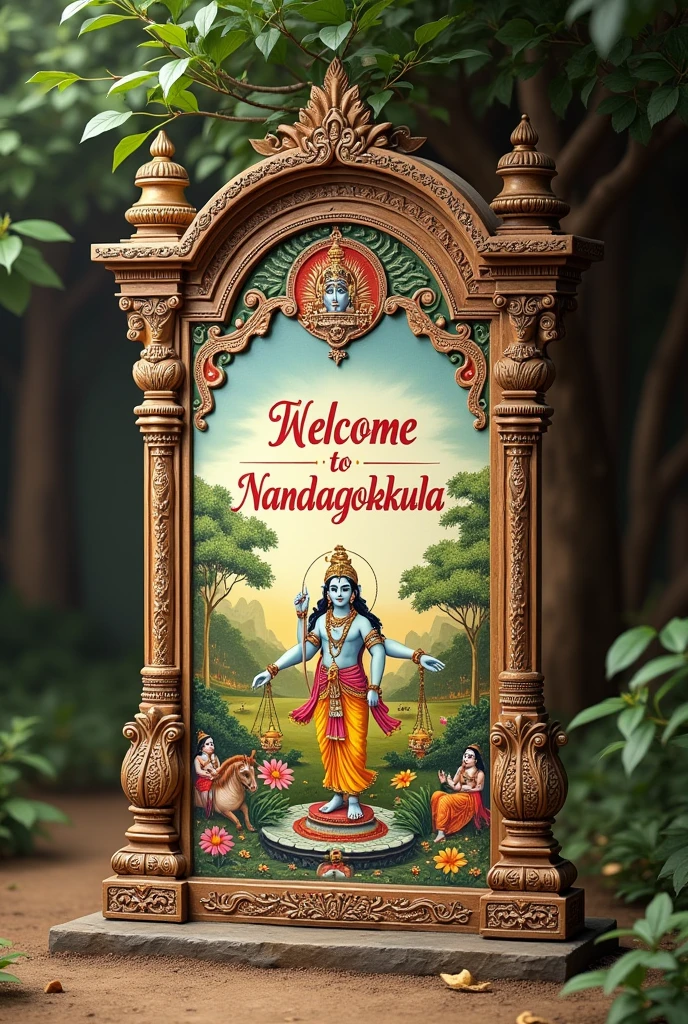 A traditional Indian vintage welcome board saying welcome to nandagokula
