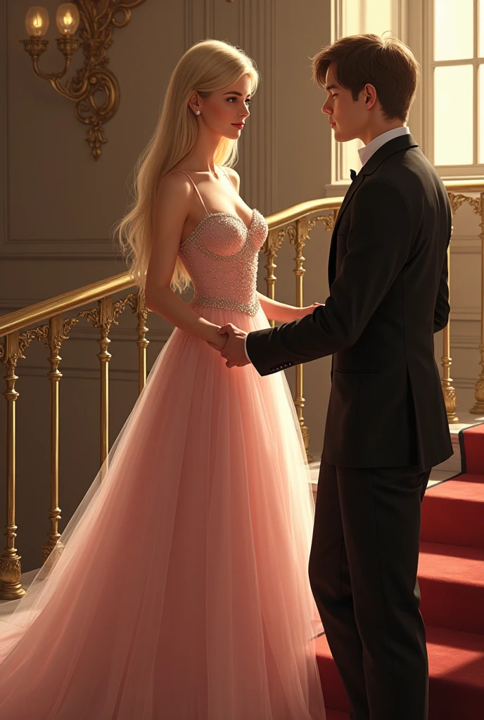 A beautiful young girl of twenty years with fair complexion and blond straight long hair standing on a staircase wearing a light pink ball gown with thin strap on the shoulder. She has hazel eyes. The girl is letting out her rignt hand. The boy is standing below the staircase  and letting out his right hand holding her hand. The boy has fair complexion and dark brown hair with brown eyes. He has clean shaven face and wearing a black suit. They are looking at each other. They are on a ball room. 