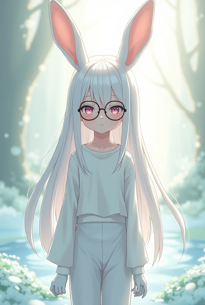 She is a girl, her hair is long and white, her skin color is albino and her shirt that reaches her waist with white sleeves is white, she wears long white rabbit ears on her head and on her face she wears glasses, she wears long white pants and long white gloves and she is anime