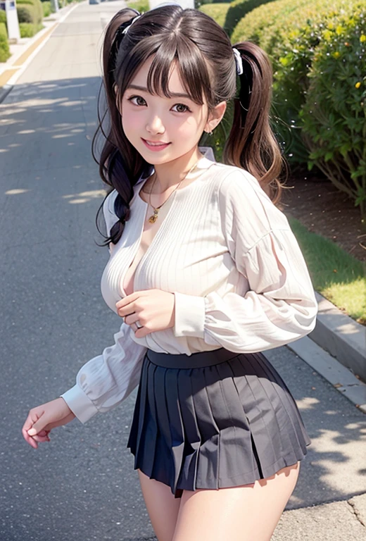 (Highest quality,masterpiece:1.3,Ultra-high resolution),(Very detailed、Caustics) (Realistic:1.4, RAW shooting、)Ultra-Realistic Capture、Very detailed、Natural skin texture、masterpiece、(On the upper half of her body, she is wearing a white blouse through which her black underwear can be seen.、A Japanese elementary school student wearing a pleated skirt.:1.3)、Adorable expression、Expressions of happiness、、height: 140cm、Baby Face、Pure、Amazingly cute、Twin tail hairstyle、Curly Hair、ribbon、Black Hair、Large Breasts、Shining thighs、Shining ass、necklace、Sidewalk in a residential area、Background details、smile、An inviting gaze、(Anatomically correct)、Cowboy Shot、Attention to detail、