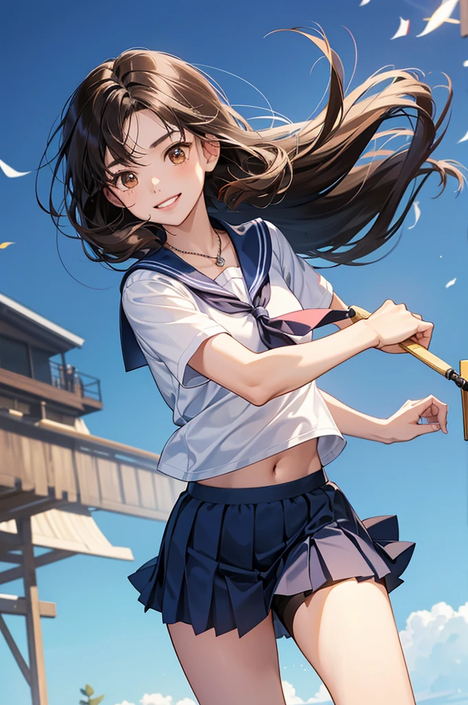 17-year-old Japanese high school girl, short slightly wavy hair, bright and energetic large dark brown eyes, slim face with a characteristic smile, athletic build, slightly taller than average, wearing a navy blue sailor uniform with a shorter skirt, sporty t-shirt and shorts for casual wear, sports watch and simple pendant necklace