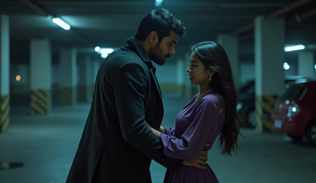 A 2 handsome Indian boy wearing black jeans and over coat has kept a girl under his protection. The girl is 2 and is wearing a purple frock. She is scared and this boy is scaring her in a dark area in the car parking. ladki 24 saal ki hai or ladka 25 saal ka ladke ne ladki ko dono hatho se pakr rakha hai