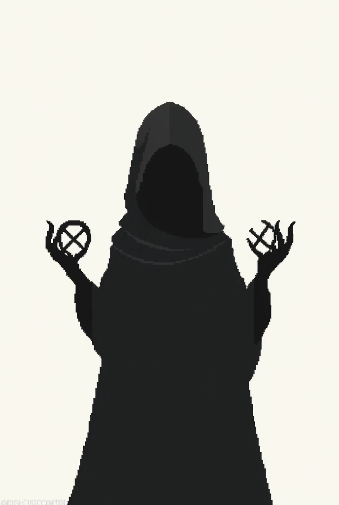Generates death holding an infinity with his hands and with a minimalist drawing style that only shows the upper part that is black and white that is only in 2D pixelated