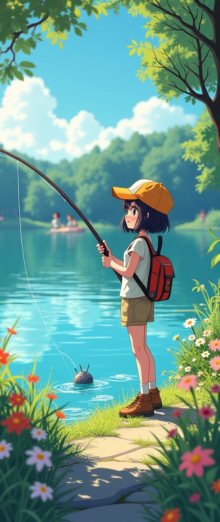 A scene where a girl is enjoying fishing on the shore of a calm lake. She is wearing a colorful cap, light outdoor clothing, and holds a fishing rod firmly in place. The sunlight reflects glitteringly on the surface of the lake, and the surrounding area is full of lush green trees and colorful flowers. The girl's expression is serious, and there is a sense of anticipation as she waits for the fish to catch. In the background, her friends and family can be seen having fun on a picnic, creating a peaceful holiday atmosphere. Overall, you can feel the fun and contact with nature. manga style digital artwork.