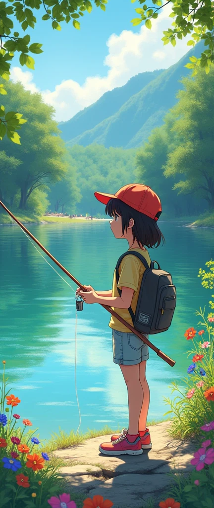 A scene where a girl is enjoying fishing on the shore of a calm lake. She is wearing a colorful cap, light outdoor clothing, and holds a fishing rod firmly in place. The sunlight reflects glitteringly on the surface of the lake, and the surrounding area is full of lush green trees and colorful flowers. The girl's expression is serious, and there is a sense of anticipation as she waits for the fish to catch. In the background, her friends and family can be seen having fun on a picnic, creating a peaceful holiday atmosphere. Overall, you can feel the fun and contact with nature. manga style digital artwork.