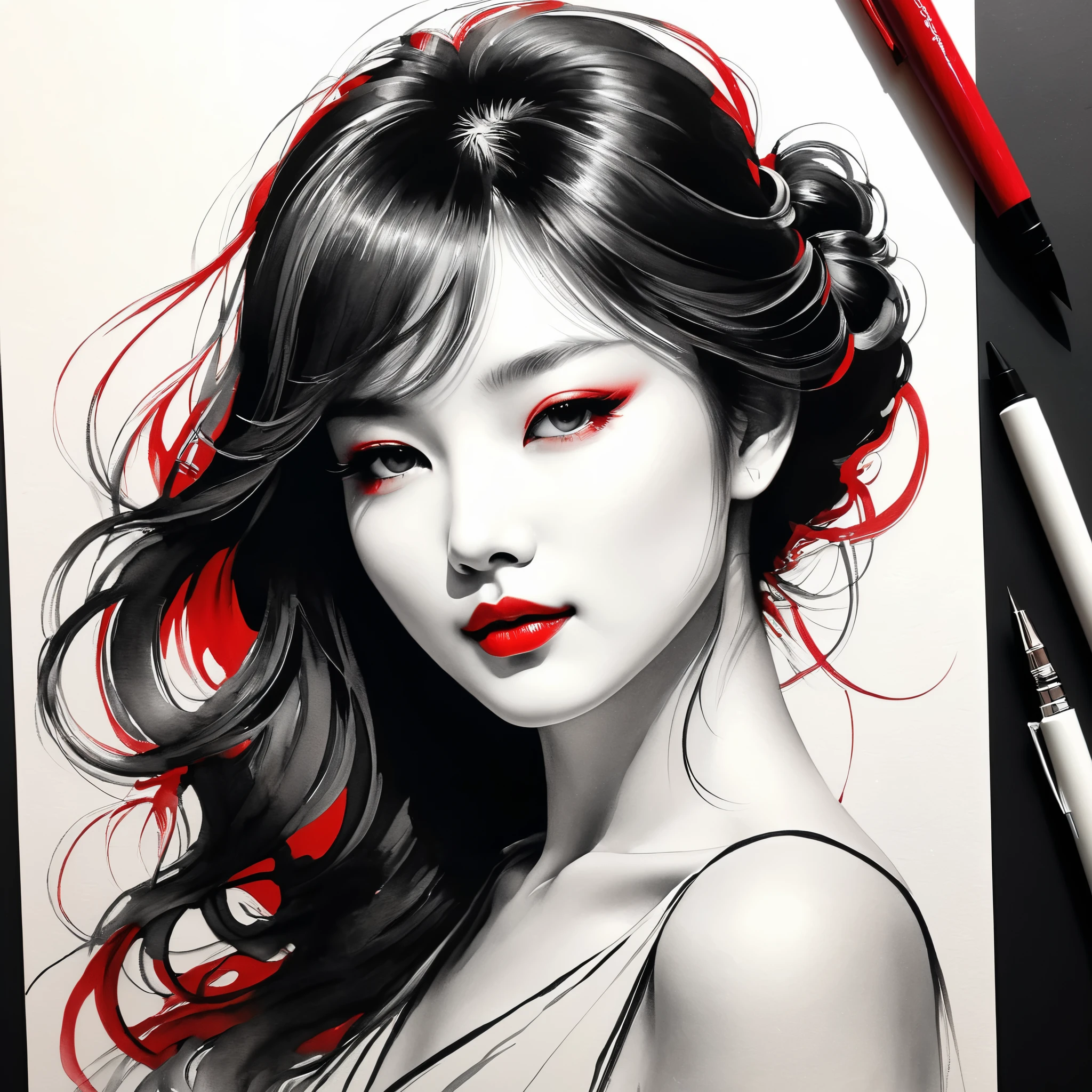 elegant maiden,black andwhite水墨画,pen sketch drawing,loose brushwork,Pen outlines delicate lines,Fluid action,Subtle shades of paint,elegant posture,A peaceful expression,Delicate facial features,black andwhite,to clean, small red color.