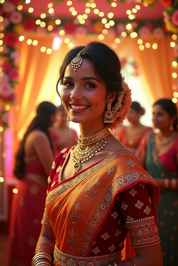 I want south indian tredisanal wedding dress with happy faces with weddings background