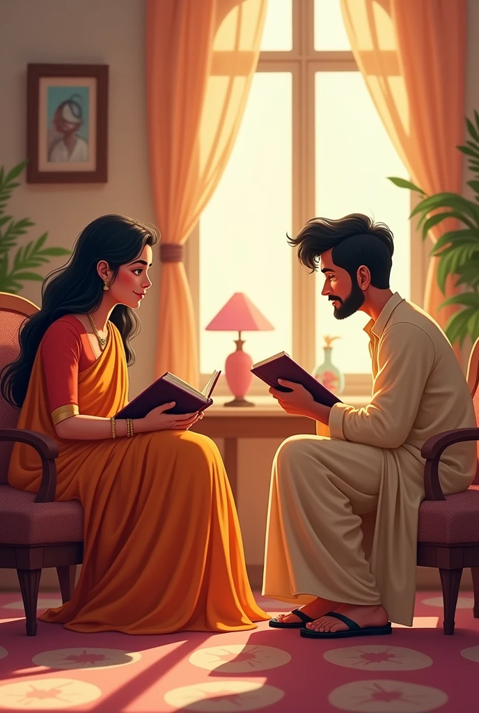 In their cozy, traditionally adorned home, newly married Indian wife, draped elegantly in a colorful sari, sits earnestly with her books, determined to focus on her studies. Meanwhile, her husband, dressed in a kurta-pajama, playfully interrupts her with affectionate gestures and sweet distractions, hoping to draw her attention away from her books and towards him. Initially amused but soon growing visibly irritated, the wife's gentle scolding only seems to amuse her husband more, who delights in her playful annoyance, finding joy in their loving banter amidst the backdrop of their new life together."