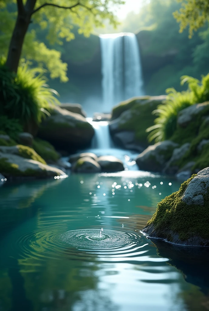 Step through water is falling and collecting in pond