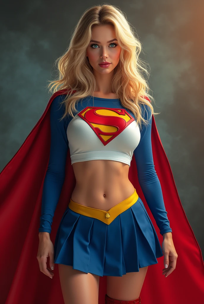 full view of A SEXY, INCREDIBLY BUSTY FEMALE WITH DARK BLUE EYES AND MEDIUM MESSY GOLDEN BLONDE HAIR WEARING A CLASSIC WHITE SUPERGIRL LONG SLEEVED CROP TOP COSTUME, A SHORT BLUE PLEATED SKIRT WITH A YELLOW SUPERGIRL BELT, RED HIGH HEELED SUPERGIRL BOOTS, AND SHORT RED SUPERGIRL CAPE WITH YELLOW TRIM. , incredibly detailed skin and eyes, seductive poses, 8K resolution, masterpiece, ultra-detailed, realistic, photo-realistic, vivid colors, dramatic lighting,
