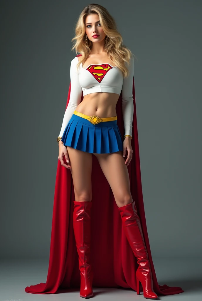 full view of A SEXY, INCREDIBLY BUSTY FEMALE WITH DARK BLUE EYES AND MEDIUM MESSY GOLDEN BLONDE HAIR WEARING A CLASSIC WHITE SUPERGIRL LONG SLEEVED CROP TOP COSTUME, A SHORT BLUE PLEATED SKIRT WITH A YELLOW SUPERGIRL BELT, RED HIGH HEELED SUPERGIRL BOOTS, AND SHORT RED SUPERGIRL CAPE WITH YELLOW TRIM. , incredibly detailed skin and eyes, seductive poses, 8K resolution, masterpiece, ultra-detailed, realistic, photo-realistic, vivid colors, dramatic lighting,