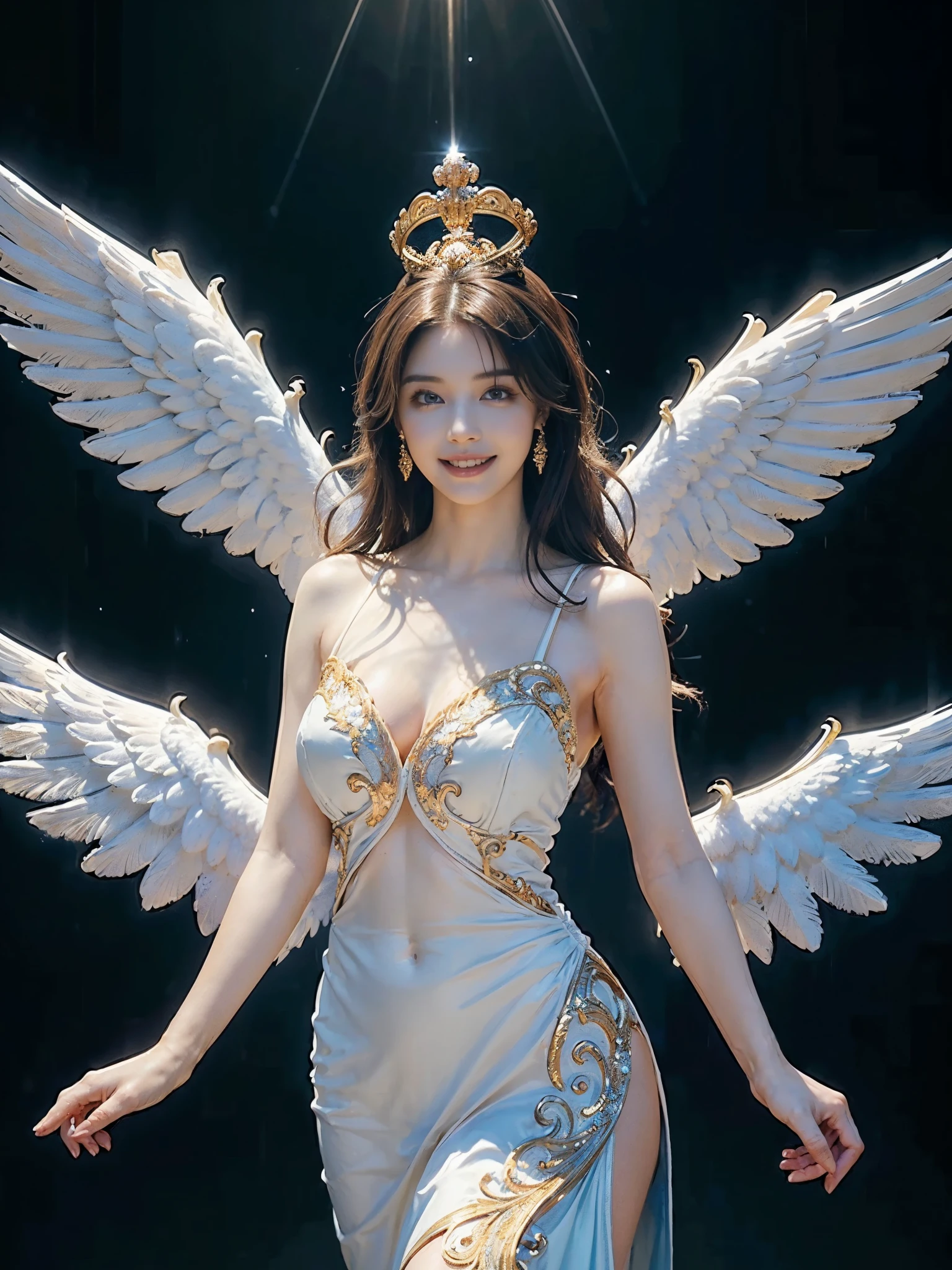 ((Very beautiful angel queen,The final form as a perfect angel, the masterpiece of an angel,Huge and intricate angel wings,The most dignified wings,Golden light,shining background,The most opulent and holy temple background,White and gold temple background,King of Angels,The most dignified angel,Intricate and solemn dresses,Light blue and gold embellishment dress on white,Light blue and gold dress on white base,Complex and majestic angel figure,The most majestic figure of the devil,The most intricately depicted figure of an angel,The World's Most Beautiful,Unimaginable beauties,divine atmosphere,The most intricate and beautiful dresses,Intricate reproduction of the perfect angelic detail,The figure of an unimaginably gorgeous angel,The figure of an unimaginably huge angel)), (((Tyndall effect;1.45))), ((Most beautiful face,Half Japan and half Spanish,The biggest happy smile,Beautiful wavy hair,Black and red hair,The most luxurious and intricate dresses,The biggest smile looking at the camera)),(Elegant standing figure,Fold your hands in front of your navel,)),Chest that seems to burst,Giant wings of angels,The background is the appearance of a perfect angel castle,Masterpiece,8K,very intricate,ultra-detailliert, nsfw