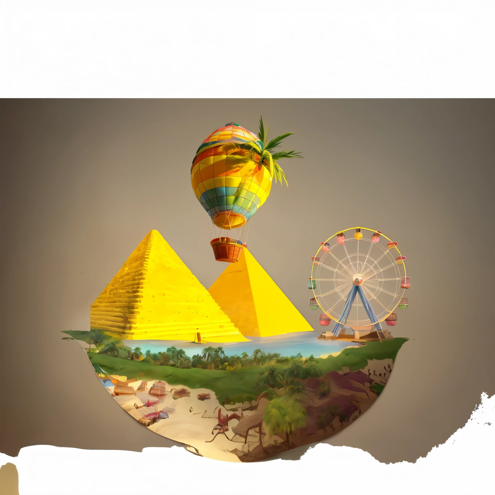 a bright vivid image, bright and saturated colors, a pastel background, in the foreground a bowl with the outlines of a world map, a bowl with wide edges and flattened from below, bushes and grass on the bowl, bushes with a clear and good drawing, an image of the pyramids of Cheops, pyramids of a bright and warm shade, with a clear drawing of details, on the right a bright Ferris wheel with clear edges and lines, palm trees grow nearby, a lake stretches in front of the structures, a small part of the water is visible from behind the bushes, a balloon flies from above. instead of a mango dome, high detail, 8K, 3D render
